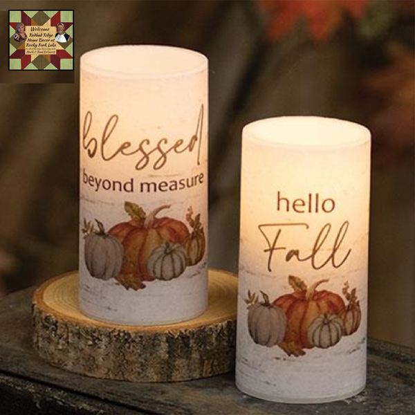 Blessed & Hello Fall Votive LED Pillar Candle, 2 Sayings 4"H