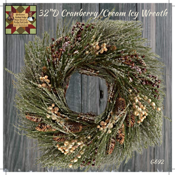 Cream & Cranberry Berry Icy, Pine Wreath 32"D