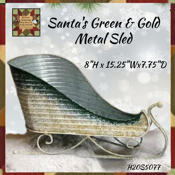 Santa's Green & Gold Sled 15.25"W