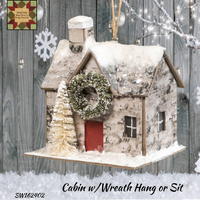 Snowy Cabin w/Wreath Hang or Sit