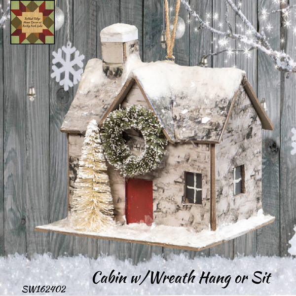 Snowy Cabin w/Wreath Hang or Sit