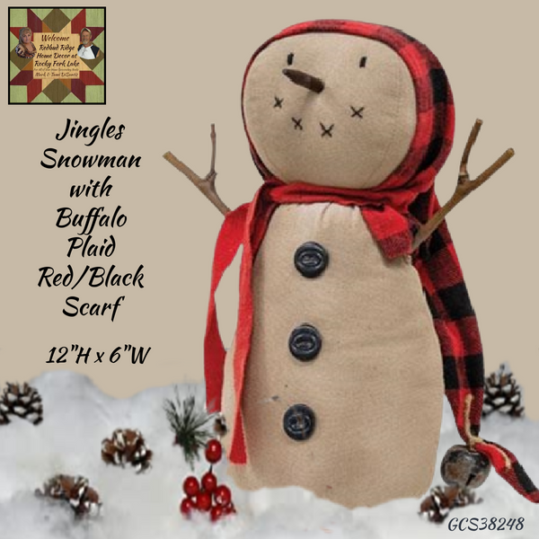 Jingles Snowman w/Buffalo Plaid Hat Free Standing 12"H