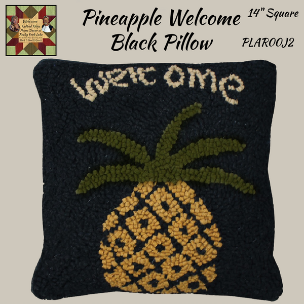 Pineapple Welcome Hooked Wool Black Pillow