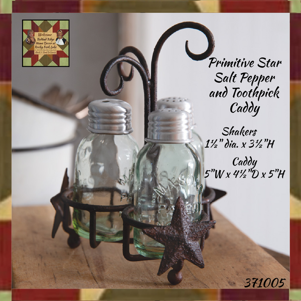 Primitive Star Salt Pepper and Toothpick Caddy, Including Shakers
