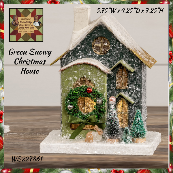 Green Snowy Saltbox House Lighted