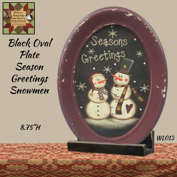Snowmen Season's Greeting Black Trim Oval Plate 8.75"H