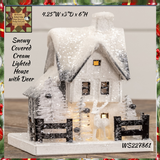 White Snowy Saltbox House w/Deer Lighted