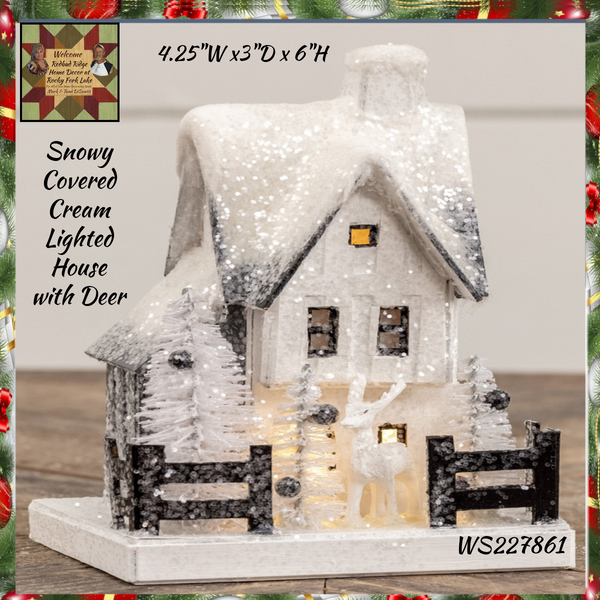 White Snowy Saltbox House w/Deer Lighted