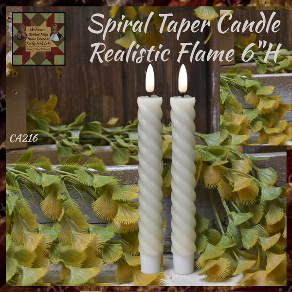 White Spiral 6" Taper Candles Realistic Flame 2/Set