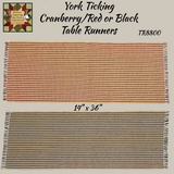 York Ticking Cranberry/Red or Black Table Runner 14"x36"