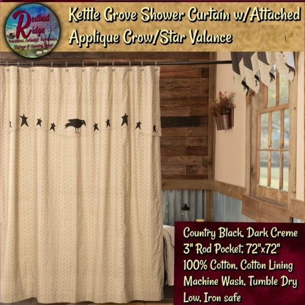Primitive Kettle Grove Applique Crow & Star Shower Curtain Dark Creme & Black