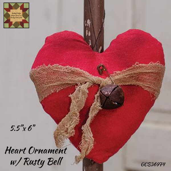 Hanging Fabric Heart  w/ Rusty Bell 6"H