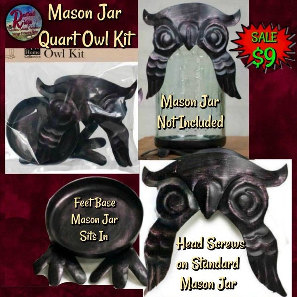 Mason Jar OWL KIT QUART Owl Head Top & Feet Base for Quart Mason Jar