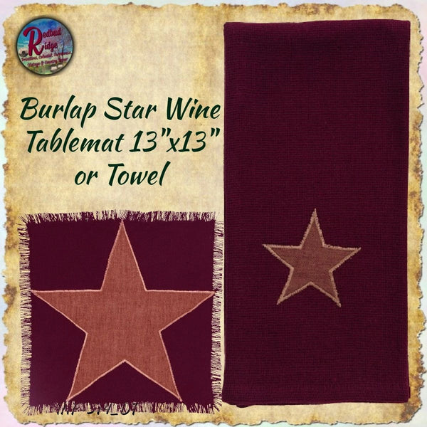 Burlap Star Wine Tablemat or Towel Embroidered  **50% Savings