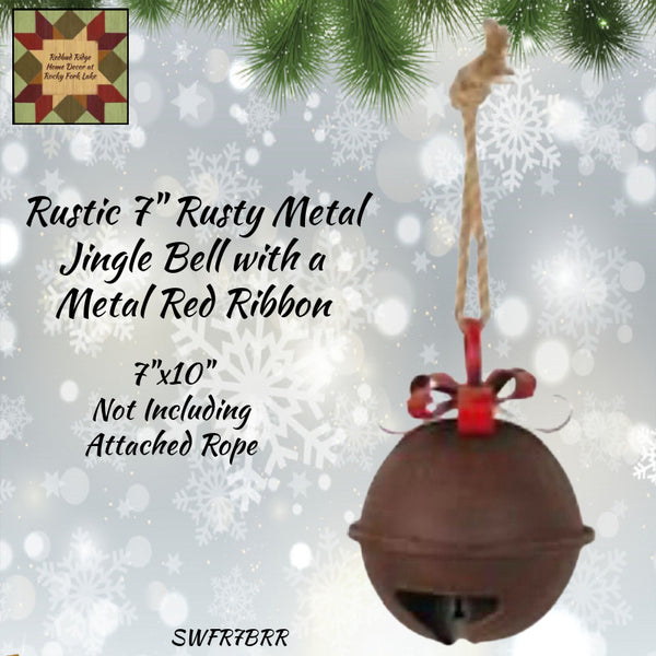 Rustic 7" Rusty Metal Jingle Bell with a Metal Red Ribbon