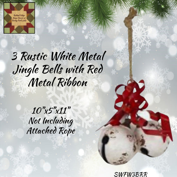 3 Jingle Bells Rustic White Metal with Red Metal Ribbon