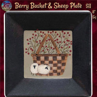 New Primitive Country Folk Art BLACK BERRY BASKET SHEEP PAINTED PLATE Picture