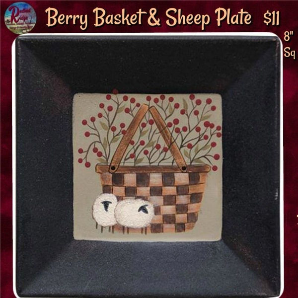 New Primitive Country Folk Art BLACK BERRY BASKET SHEEP PAINTED PLATE Picture