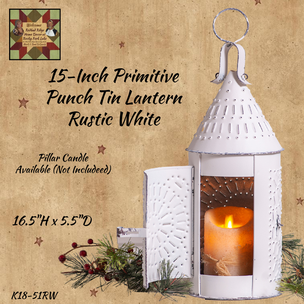 Lantern Punch Tin Rustic White `15"H