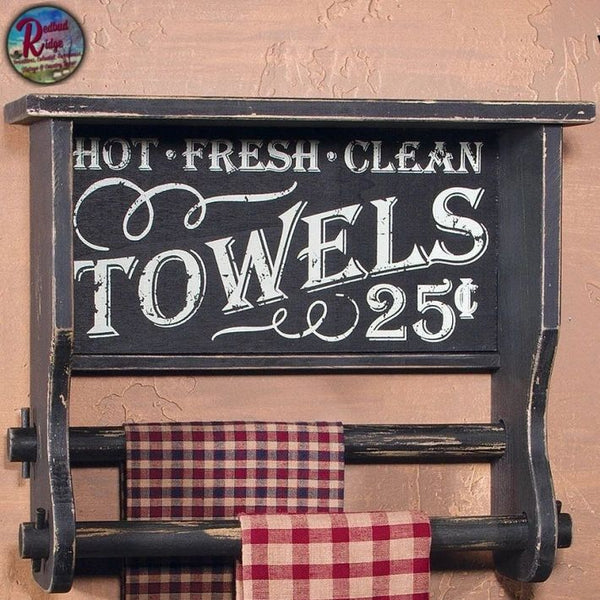 Black Bath Double Towel Bar Wood Shelf Hot*Fresh*Clean Towels 25 Cents