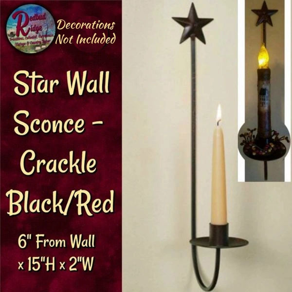 Star Wall Taper Candle Sconce ~ Crackled Black/Red
