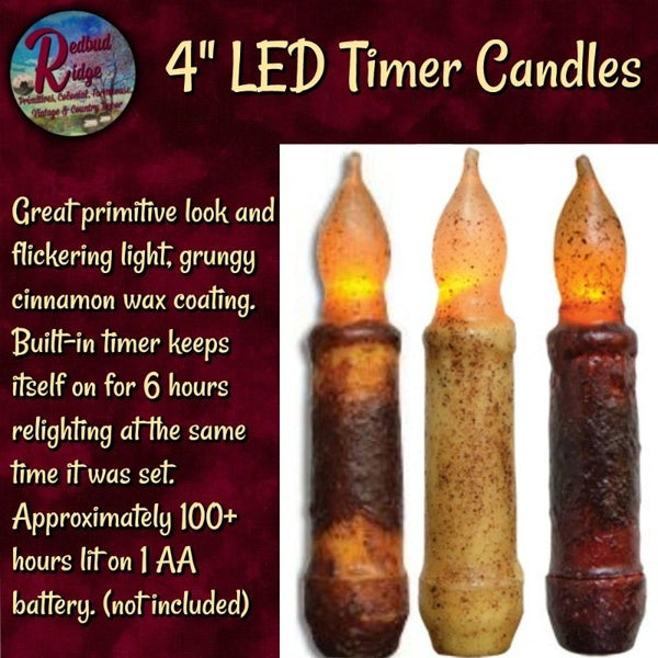 Candles Taper 4" Grungy Timer Burnt Mustard, Burnt Ivory or Burgundy
