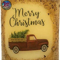 Primitive Folk Art MERRY CHRISTMAS Red Truck LED PILLAR TIMER Candle Holiday