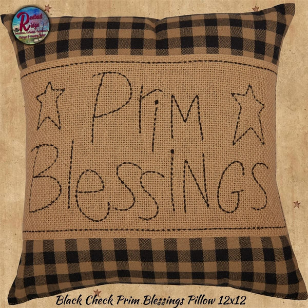 Prim Blessings Burlap Black Check 12" Square