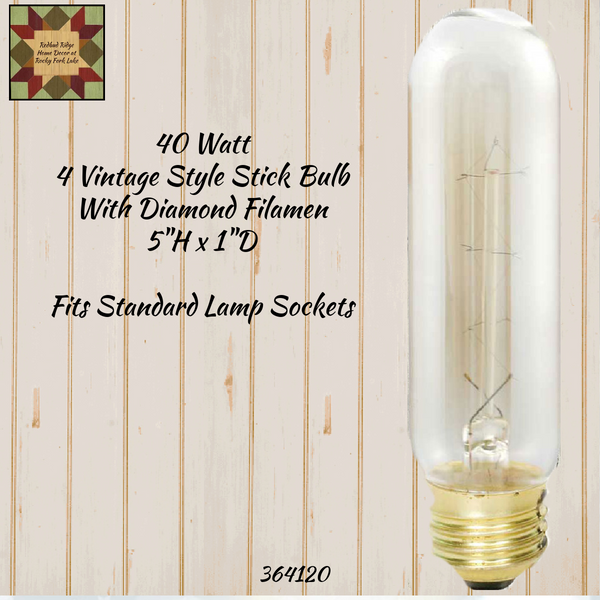 40 Watt Vintage Style Stick Bulb Standard Socket 5"H x 1"D