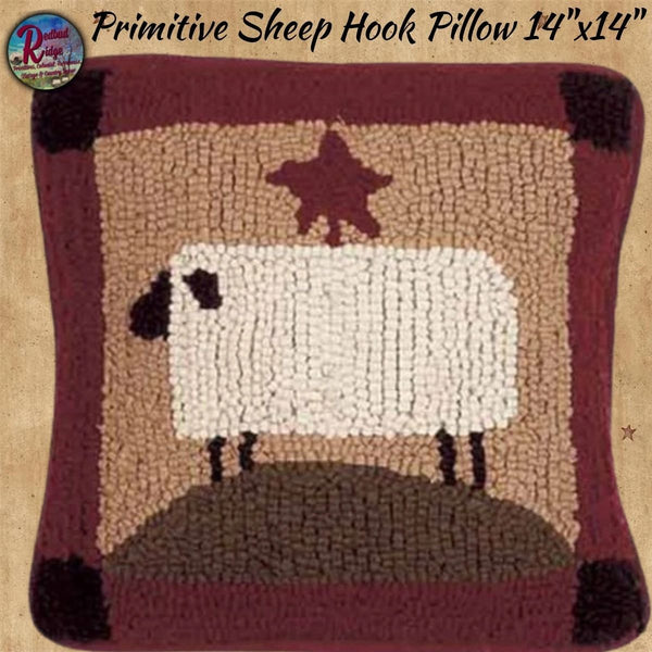 Primitive Sheep & Star Hooked Pillow 14x14