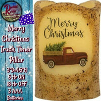 Primitive Folk Art MERRY CHRISTMAS Red Truck LED PILLAR TIMER Candle Holiday