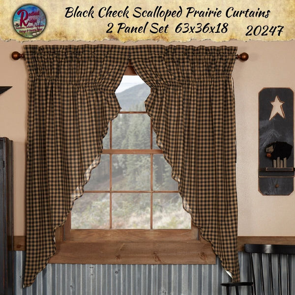 Black Check Scalloped Prairie Curtains 2 Panels  63x36x18