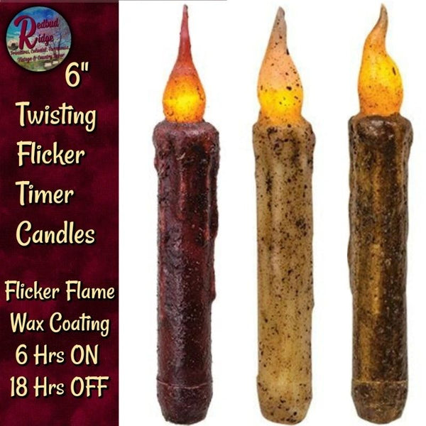 Taper Candle Twisting Grungy Flicker Flame 6" Timer Cranberry, Burnt Ivory & Burnt Mustard