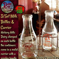 Farmhouse Vintage Style 2 Milk Bottles w/Metal Carrier Hickory Hills Farm Dairy