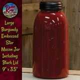 Mason Jar Burgundy/Red w/Embossed Stars & Black Lid  SALE