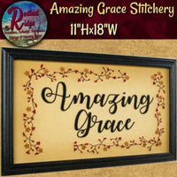 Primitive Country Farmhouse Vintage Framed Embroidered AMAZING GRACE Stitchery
