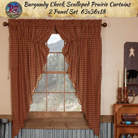 Burgundy Check Scalloped Prairie Curtains 2 Panel Set 63x36x18