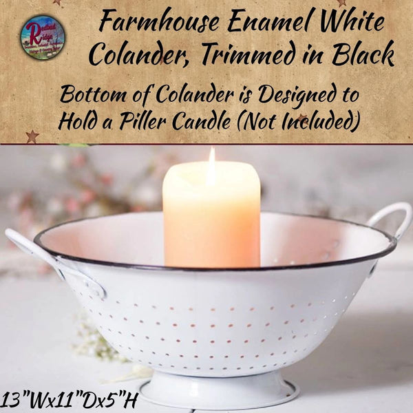 White Enamel Colander w/Black Trim, Pillar Candle Holder