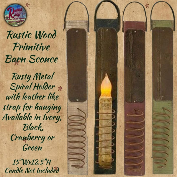 Rustic Wood Primitive Barn Sconce Candle Holder 15"H Cranberry Brown, Green, Black or Ivory Tan