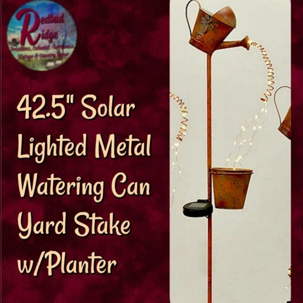 SOLAR Lights Rusty Watering Can Yard Stake 42"H