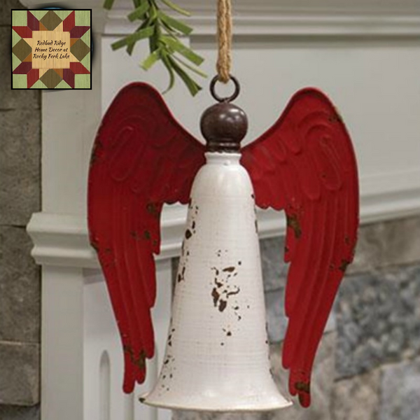 Rustic Distressed Metal Angel Bell White & Cranberry Red 10.5"H