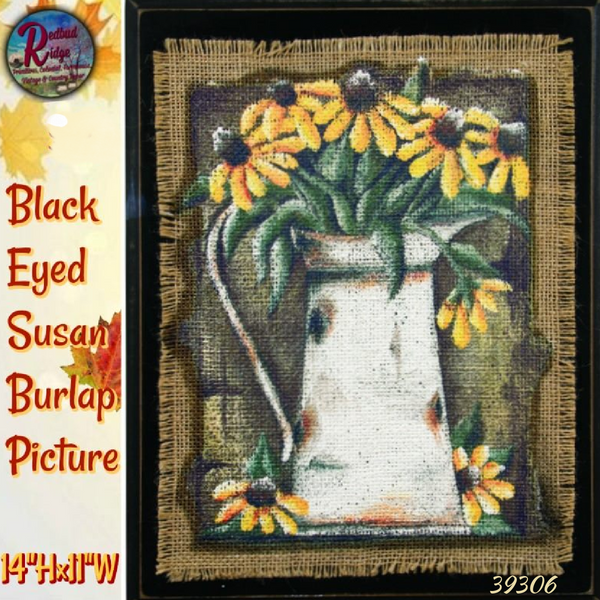 Black Eyed Susan in Pitcher on Burlap and Wood