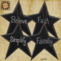 Stars Hanging Distressed Black Vintage Words  4/Set Family, Simplify, Believe & Faith