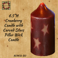 Wick Cranberry Pillar Candle with Carved Stars 6.5"H