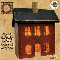 Burgundy Lighted Saltbox House with Rusty Star