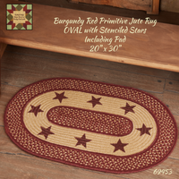 Burgundy Red Primitive Jute Oval or Half Rug with Stencil Stars