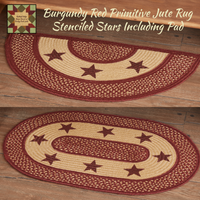 Burgundy Red Primitive Jute Oval or Half Rug with Stencil Stars