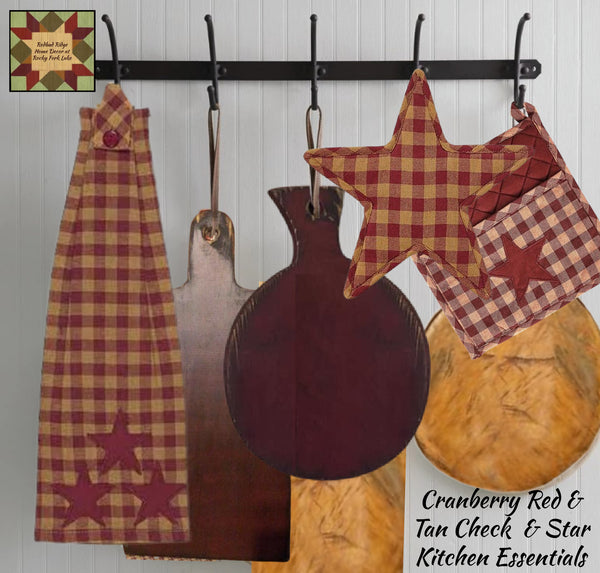 Cranberry Red & Khaki Check with Stars Hot Pad, Star Trivet, Towel