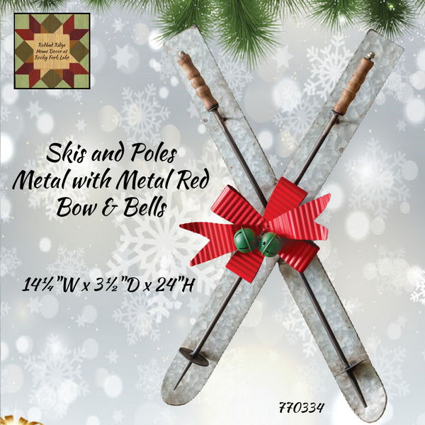 Skis and Poles Metal with Metal Red Bow & Bells