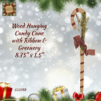 Wood Hanging Candy Cane  with Ribbon & Greenery 8.75"